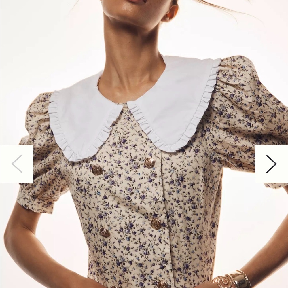Anthropologie Cream Floral Blouse with White Collar